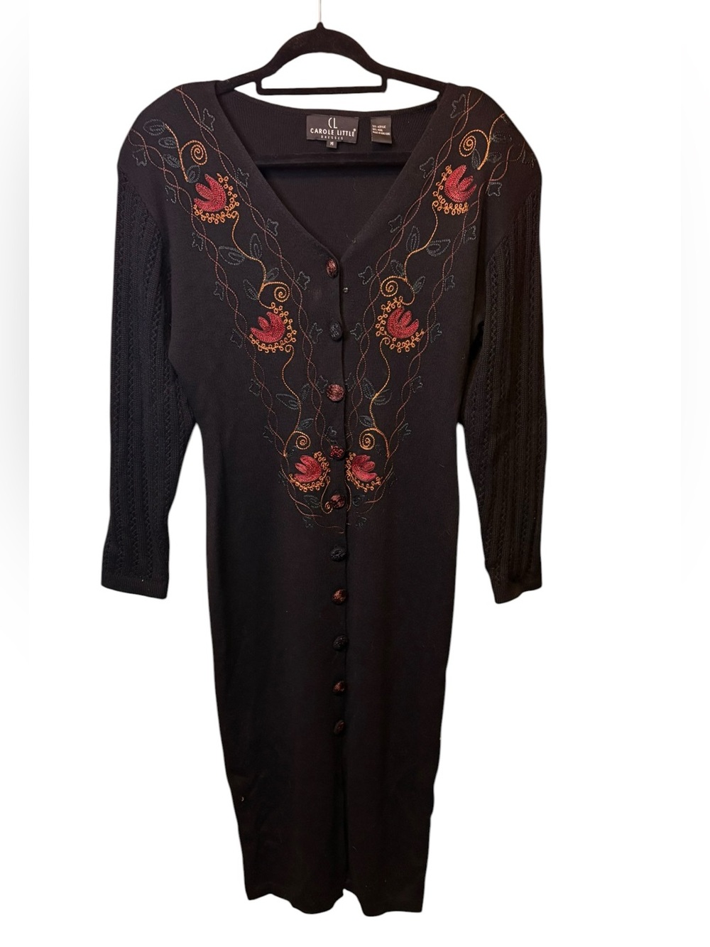Vintage Carole Little Black Embroidered Boho Floral Sweater Dress Wool Medium